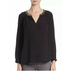 JOIE Black Silk Keisha Blouse Top w Silver Studded Embellished Collar Small